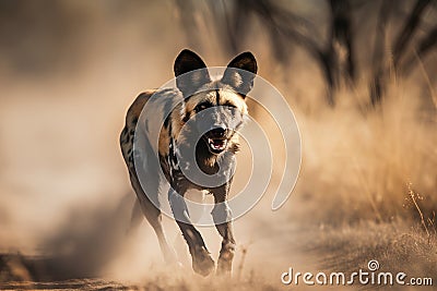 African wild dog running in the sun in Kruger National park, South Africa Specie Lycaon pictus family of Canidae Stock Photo