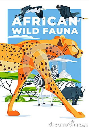 African wildlife poster with big cheetah, rhinoceros, zebra and heron Vector Illustration