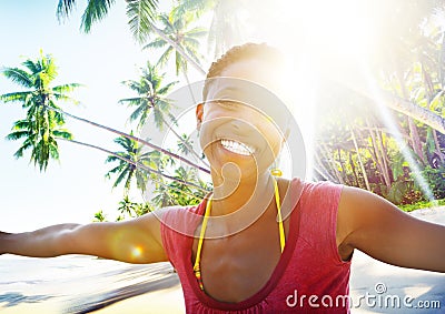 African Woman Beach Happiness Freedom Concept Stock Photo