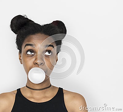 African Woman Blowing Bubble Gum Playful Portrait Stock Photo