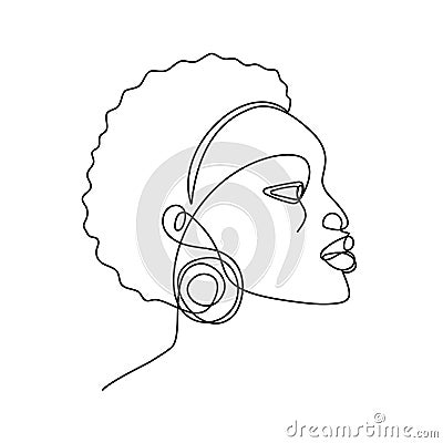 African woman continuous line portrait. Abstract one line drawing of handsome African American face in minimalistic Vector Illustration