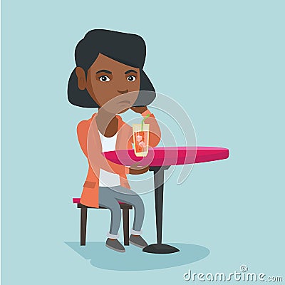 African woman drinking a cocktail in the bar. Vector Illustration