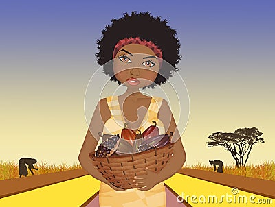 African woman grows cocoa Stock Photo