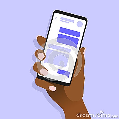 African Woman Hand Hold Smartphone with Chat Messages Vector Illustration