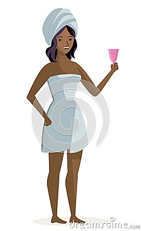 African woman holding a menstrual cup after a shower Vector Illustration