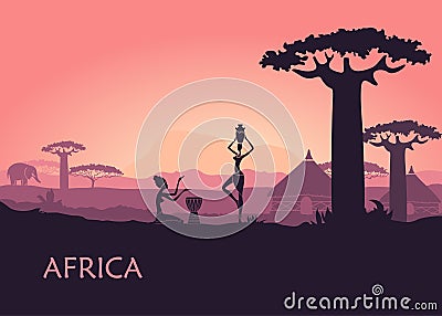 African woman on Kenya sunset background. The landscape of Africa, baobabs and traditional huts Vector Illustration