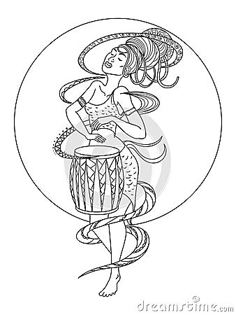 African woman playing drum coloring book vector Vector Illustration