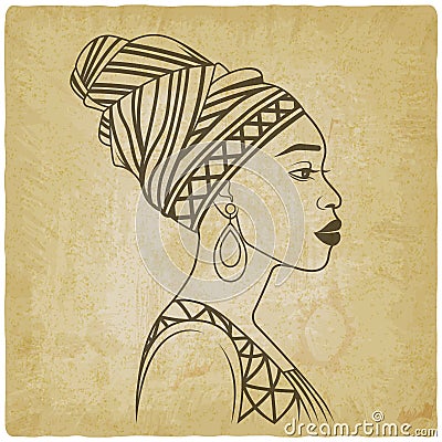 African Woman In Profile In Traditional Head Wrap on vintage background Vector Illustration