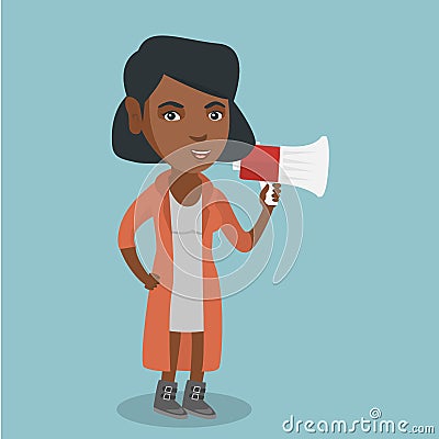 African woman promoter speaking into megaphone. Vector Illustration