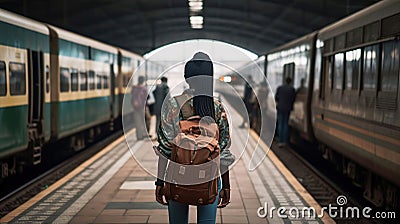 Woman on the railway station, in between two highway trains waiting for departure on the platform of a railroad, generative ai Stock Photo