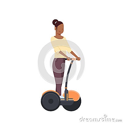 African woman riding gyroscooter over white background. gyroboard concept. cartoon full length character. flat style Vector Illustration