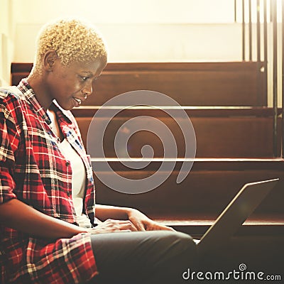 African Woman Searching Internet Sitting Steps Concept Stock Photo