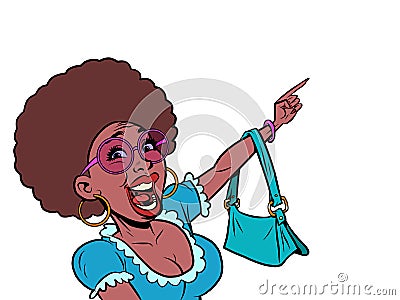 african woman shouts discount sale. The buyer points with his hand Vector Illustration