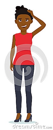 African woman thinks out loud. Human facial expression, body language, reaction, life perception. Vector cartoon flat design illus Vector Illustration