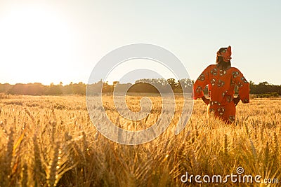 African woman traditional clothes stands in field of crops at sunset Stock Photo