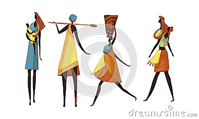 African Woman Wearing Tribal Clothing and Necklace Carrying Heavy Pottery Vessel and Holding Baby in Sling Vector Set Vector Illustration