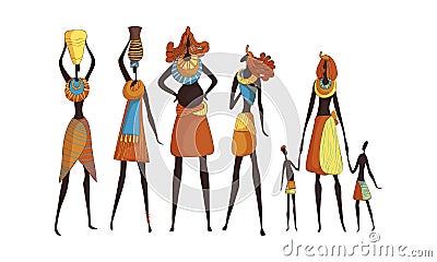 African Woman Wearing Tribal Clothing and Necklace Carrying Heavy Pottery Vessel and Holding Kids by Hand Vector Set Vector Illustration