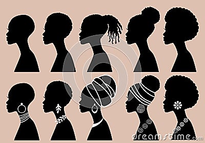 African Women, black girls, profile silhouettes, vector set Vector Illustration