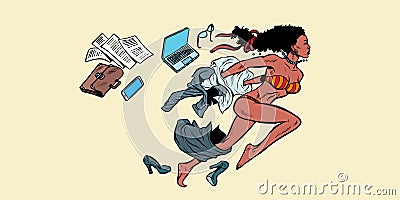 African women dream of summer tourism, businesswoman in swimsuit running to the beach Vector Illustration