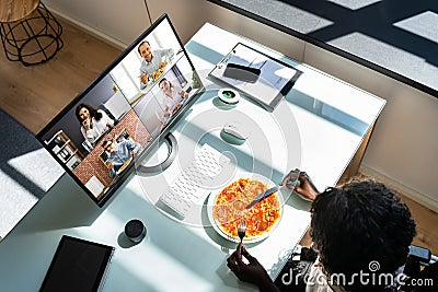 African Women Eating Virtual Video Lunch Stock Photo