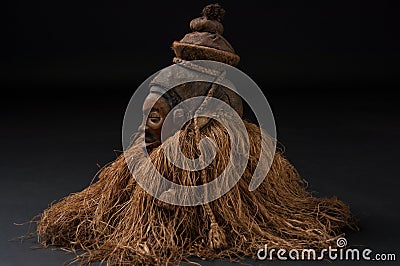 African wooden masks. With hair. Stock Photo