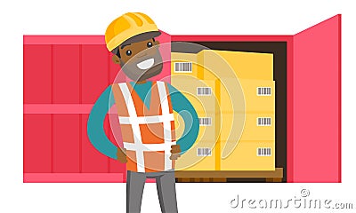 African worker and cargo container with boxes. Vector Illustration