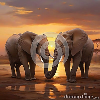 African elephants at sunset World wildlife day concept. generative AI Stock Photo