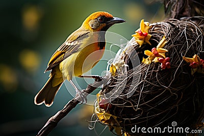 African yellow Weaver Bird on a nest Stock Photo
