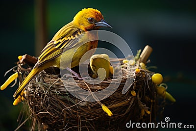 African yellow Weaver Bird on a nest Stock Photo