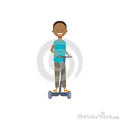 African young boy riding kick electro scooter over white background. cartoon full length character. flat style Vector Illustration