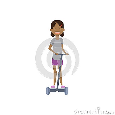 African young girl riding kick electro scooter over white background. cartoon full length character. flat style Vector Illustration