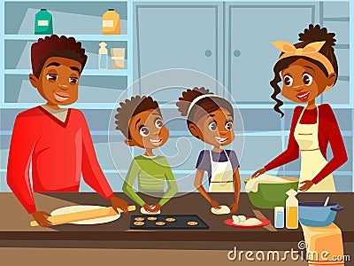 Afro American black family cooking together at kitchen vector flat cartoon illustration of African parents and children Vector Illustration