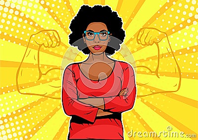 Afro american businesswoman with muscles pop art retro style. Strong Businessman in comic style. Vector Illustration