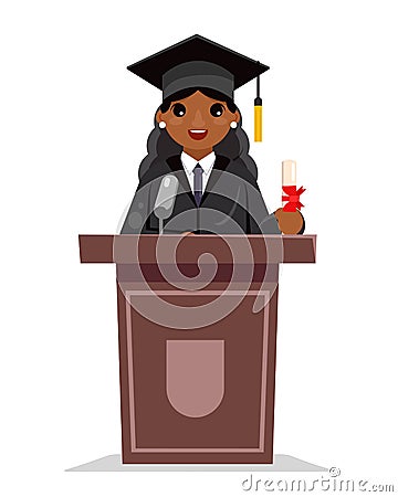 Afro american female graduate solemn education woman graduation tribune speech african character flat design vector Vector Illustration