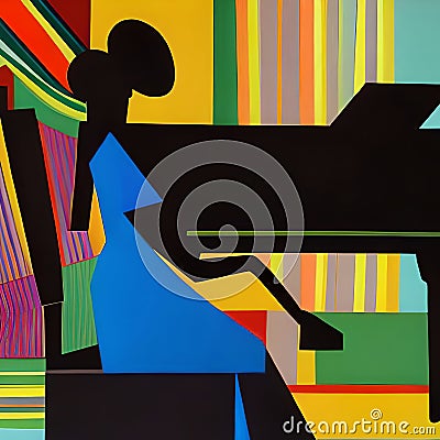 Afro-American female jazz musician pianist playing a piano in an abstract cubist style painting Cartoon Illustration