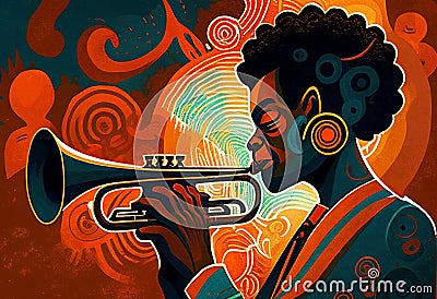 Afro-American female jazz musician trumpeter playing a brass trumpet in an abstract style painting Cartoon Illustration