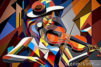 Afro-American female jazz musician violinist playing a violin or viola in an abstract cubist style painting Cartoon Illustration