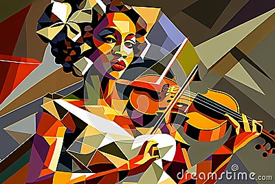 Afro-American female jazz musician violinist playing a violin or viola in an abstract cubist style painting Cartoon Illustration