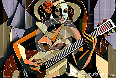 Afro-American female musician guitarist playing an acoustic guitar in an abstract cubist style painting Cartoon Illustration