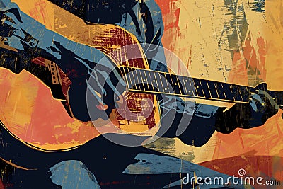 Afro-American male blues jazz guitarist musician playing an acoustic guitar in an abstract music style painting Cartoon Illustration