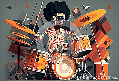 Afro-American male jazz drummer musician playing a drum kit in an abstract vintage distressed style painting Cartoon Illustration