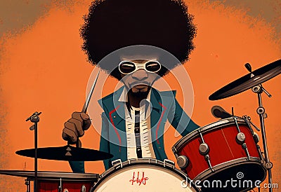 Afro-American male jazz drummer musician playing a drum kit in an abstract vintage distressed style painting Cartoon Illustration