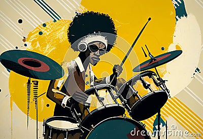 Afro-American male jazz drummer musician playing a drum kit in an abstract vintage distressed style painting Cartoon Illustration