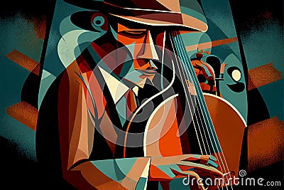 Afro-American male jazz musician bassist playing a double bass in an abstract cubist style painting Cartoon Illustration