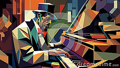 Afro-American male jazz musician pianist playing a piano in an abstract cubist style painting Cartoon Illustration