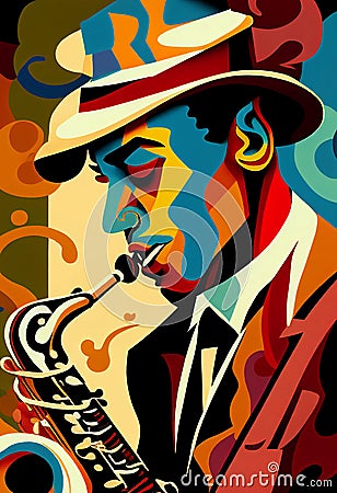 Afro-American male jazz musician saxophonist playing a saxophone in an abstract cubist style painting Cartoon Illustration