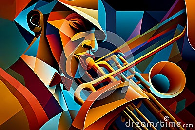 Afro-American male jazz musician trombonist playing a brass trombone in an abstract cubist style painting Cartoon Illustration