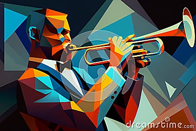 Afro-American male jazz musician trombonist playing a brass trombone in an abstract cubist style painting Cartoon Illustration