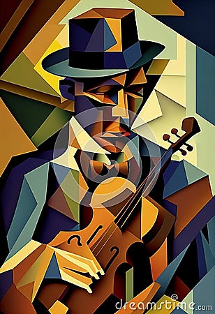 Afro-American male jazz musician violinist playing a violin or viola in an abstract cubist style painting Cartoon Illustration