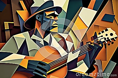 Afro-American male musician guitarist playing a guitar in an abstract cubist style painting Cartoon Illustration